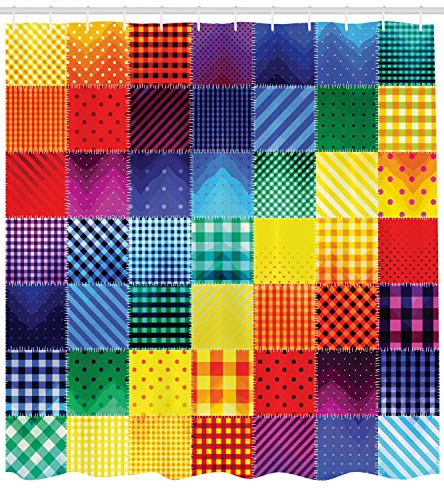 Ambesonne Abstract Shower Curtain, Rainbow Colored Square Shaped Diverse Patterns Diagonal Forms Geometric, Cloth Fabric Bathroom Decor Set With Hooks, 69" W X 70" L, Cadet Blue Yellow Vermilion #TOP1
