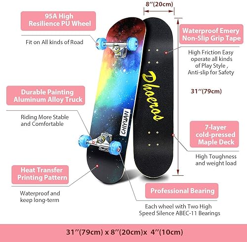 Miniatura 2 de Easy_Way Complete Skateboards- Standard Skateboards for Beginners Kids Boys Girls Teenager- 31''x 8''Canadian Maple Cruiser Pro Skate Board,
