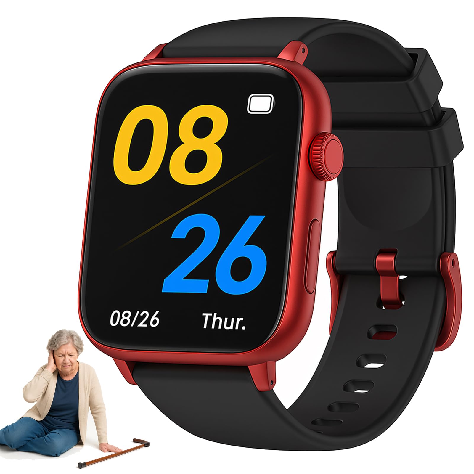 Smartwatch 4G para Mayores con Detección de Caídas, Botón SOS, Localización GPS, Zona de Seguridad, Llamadas Bidireccionales, IPX6 Impermeable y Larga Autonomía,Rojo