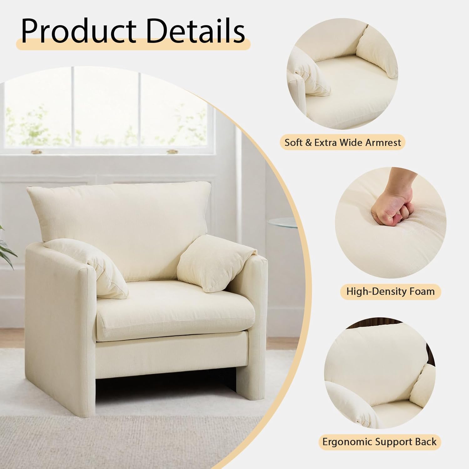 Chenille Oversized Armchair, Pillows-top Armrests Accent Chair for Bedroom, Living Room, Upholstered Chair Sofa Couch, Comfy Modern Armchair, Single Sofa Chair, Beige