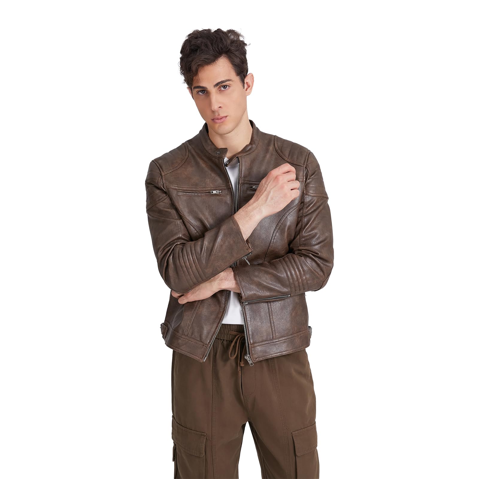 TZMAPU men's motorcycle PU leather jacket Punk style standing collar short jacket