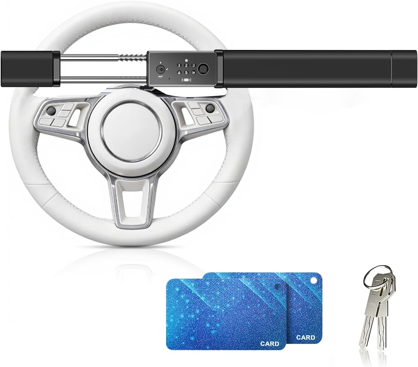 KYX Smart Steering Wheel Lock with Alarm Anti Theft,Fingerprint,Password, IC Card,Key 4 Unlocking Methods, Heavy Duty Security Bar, Universal Fit for 95% of Cars, Includes Emergency Window Breaker