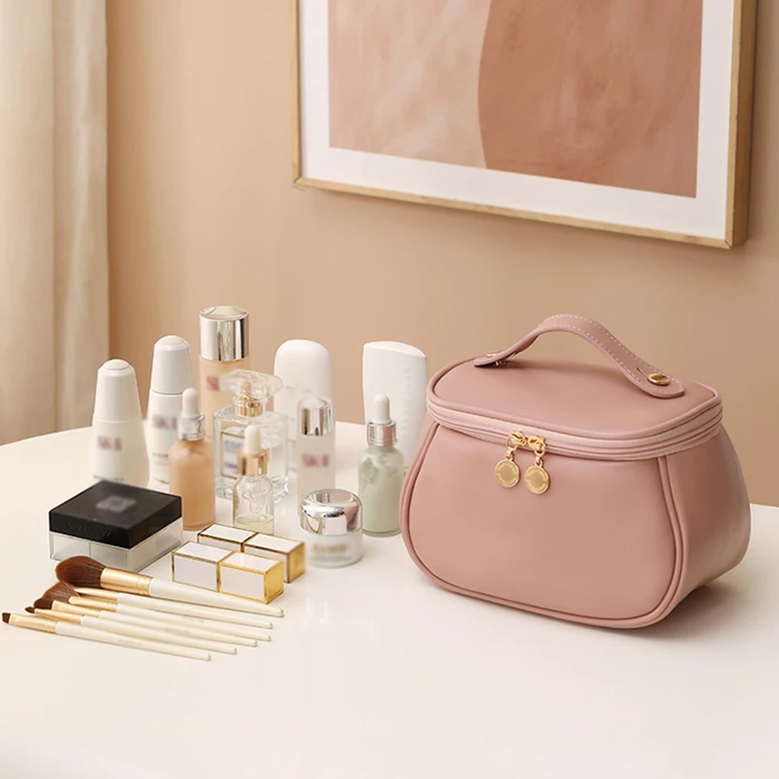 Beauty Case da Viaggio per Donna, Borsa da Toilette e Trousse Appendere, Ideale per Articoli Toilette, Accessori e Pennelli, Organizzazione Verticale, Struttura a Più Livelli(Pink)