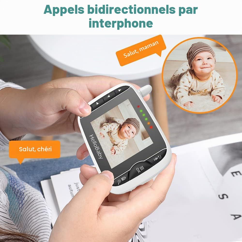 HelloBaby Babyphone Caméra Moniteur Vidéo 3,2 inches LCD Babyphone Vidéo Bébé Surveillance avec 2 Caméras, 360° PTZ Camera Bebe Surveillance, Vision Nocturne (HB65)