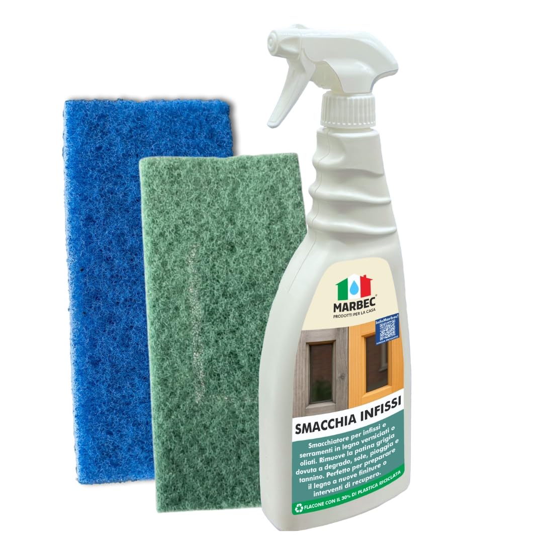 MARBEC SMACCHIA INFISSI 750ML + TAMPONE BLU + TAMPONE LEGNO Detergente Smacchiatore per Infissi e Serramenti | Per Legno Esterno Scolorito da Sole e Agenti Atmosferici