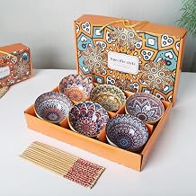 4.4in Ceramic Rice Bowls, Bohemian Style Bowl Gift Set, Assorted Dinnerware Serving Bowls for Cereal, Soup, Dessert, Snack, Fruit, Salsa, Pack of 6