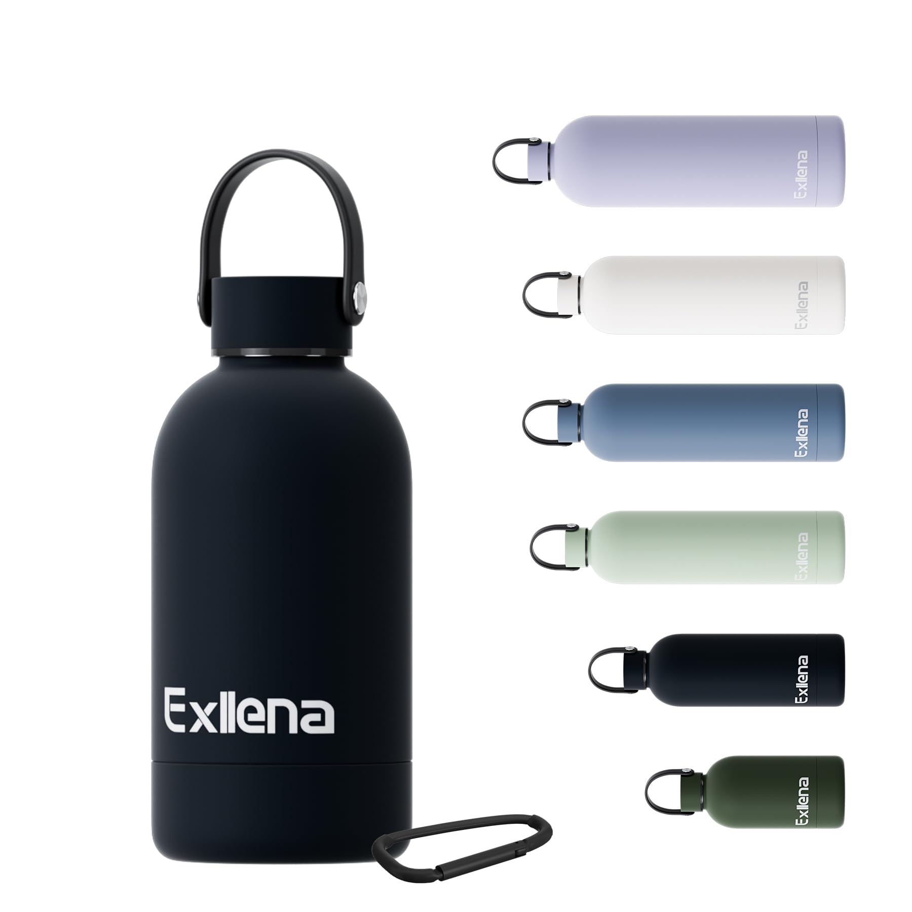 Exllena Borraccia Termica Piccola 350ml con Maniglia e Moschettone - Mini Borraccia Mantenere Calore/Freddo - Senza BPA - 100% A Tenuta Stagna per Escursioni, Campeggio, Viaggi...(Nero)