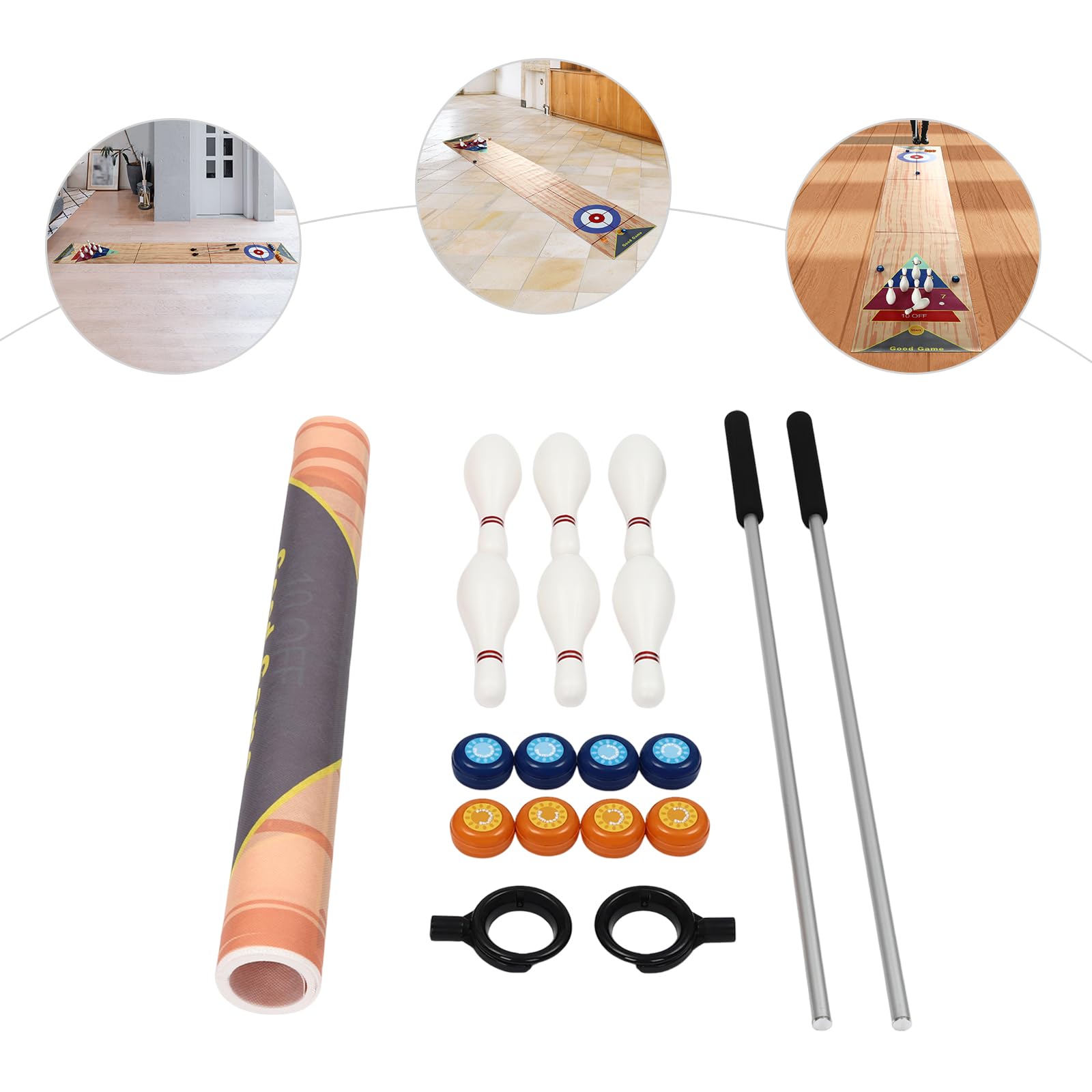 Shuffleboard Curling - Set da gioco per bambini e adulti, tappetino da 3 m, 2 putter, 8 shuffleboard, 6 bottiglie da bowling, gioco per la famiglia