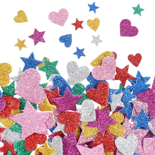 LIQWEI 480 pegatinas de espuma con purpurina, pegatinas de espuma para niños, 2 patrones, goma espuma con forma de corazón, pegatinas autoadhesivas de espuma de estrella para decoración, decoración de