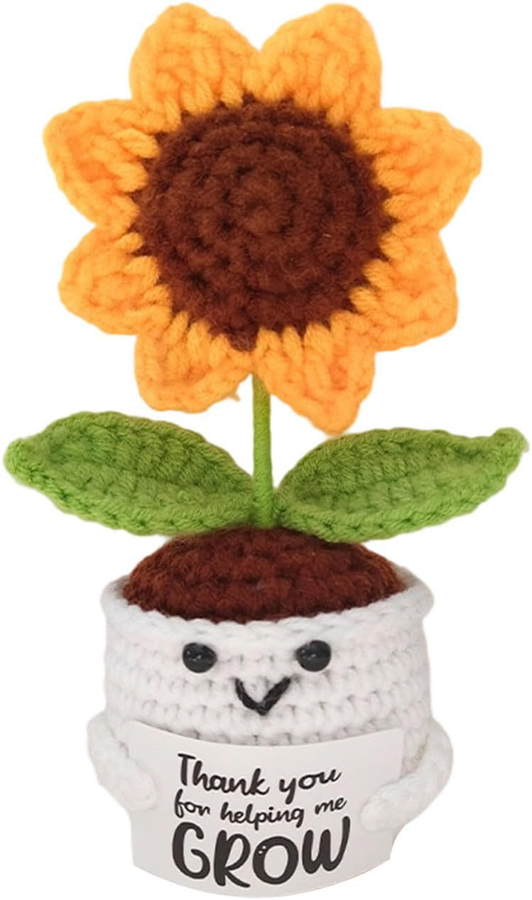 Positive Sunflower Crochet Plant with Card, Handmade Emotional Support Plush, Thank You Gifts for Mom, Christmas, Mother’s Day, Birthday Inspirational Gift for Mother