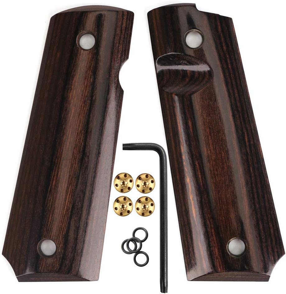 Cool Hand 1911 Full Size Grips, Government/Commander, High Polished Wood, Gold Gun Grips Screws Included, Mag Release, Ambi Safety Cut, 1/4" Thin