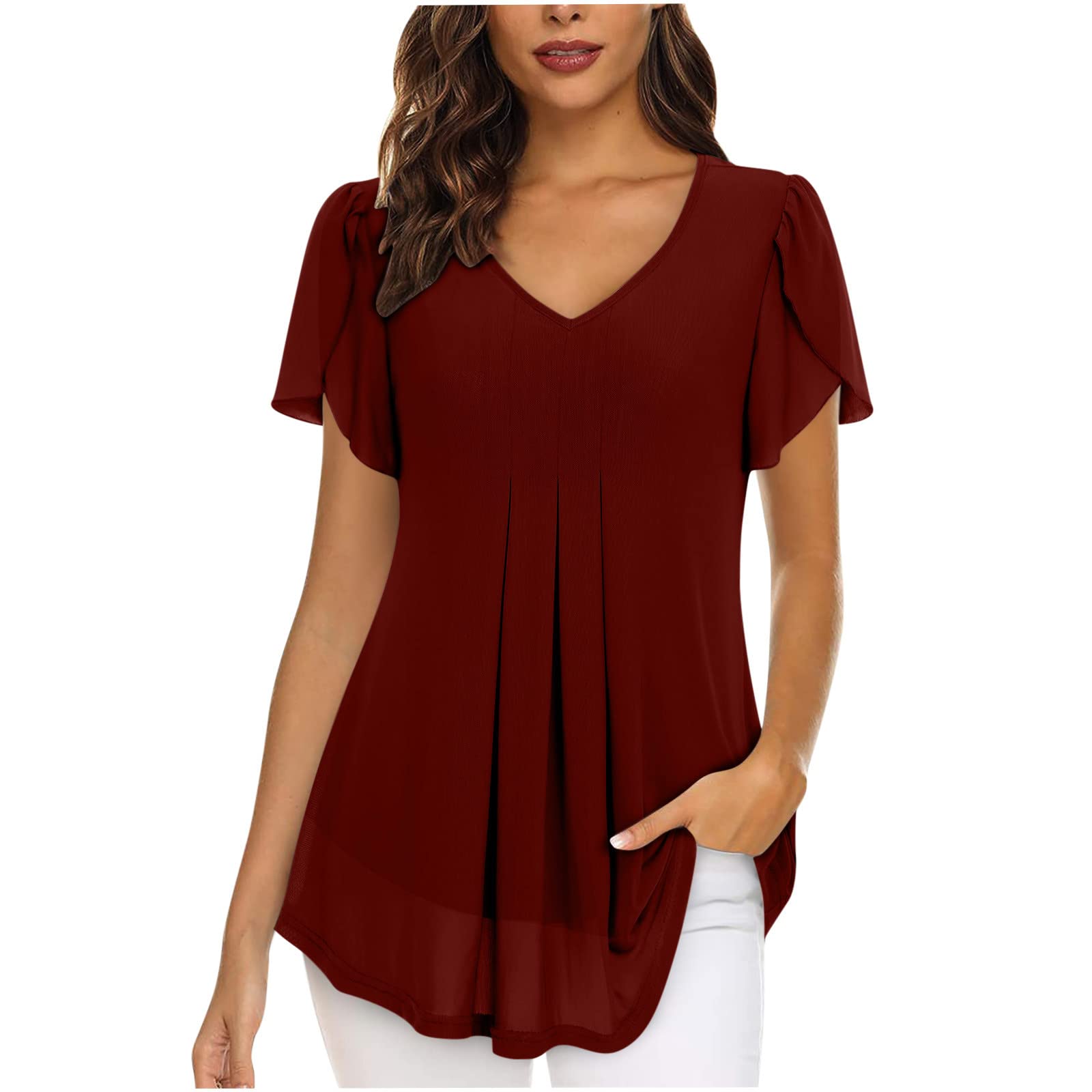 AMhomelyChiffon Tops for Women UK Elegant Blouses Casual V Neckline Tunics Tops Slit Short Sleeve Blouse T Shirts Solid Colour Black Shirts Pleated Longline Blouses with Lining