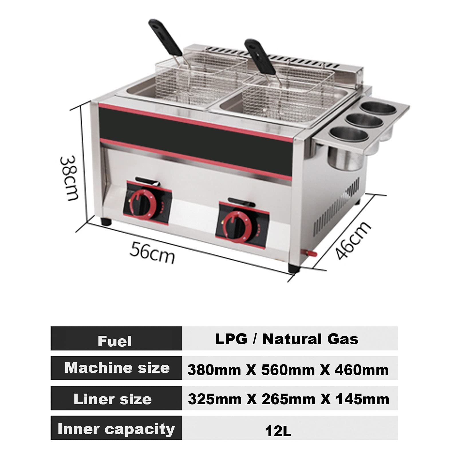 Friggitrice a gas di grande capacità da 22 litri, friggitrice a gas GPL per uso domestico commerciale, controllo della temperatura indipendente, potenza di fuoco regolabile, con cestelli e coperchio