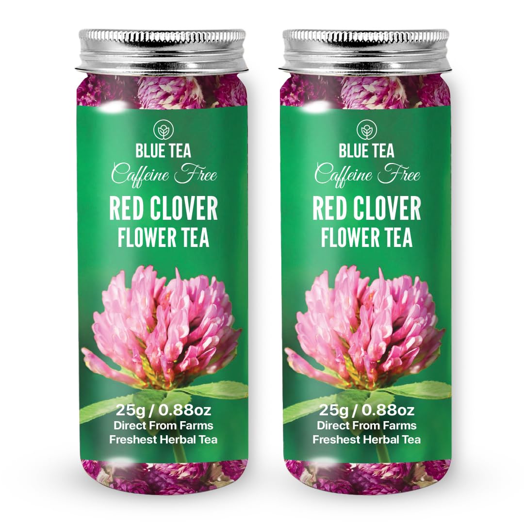 BLUE TEA - Red Clover Flower Tea - 50g - 50 Cups (Pack of 2) | ANTI-INFLAMMATORY | Detox Tea - Flower Based - Herbal Tea - Caffeine Free - Natural - No Preservatives | Pet Jar Packaging