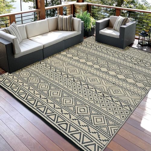 Garvee Outdoor Rug, Outdoor Plastic Straw Rug, Outdoor Rugs 9x12 for Patios Clearance Waterproof Patio Rug, Camping Rugs for Outside Rv, Grey Recyclable Woven Rugs for Yard, Deck, Black & Coffee