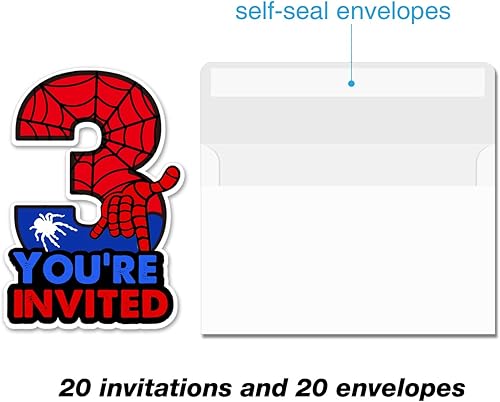 Miniatura 3 de Bifez Invitaciones para fiesta de tercer cumpleaños de superhéroe con purpurina para niños de 3 años, invitaciones con sobres, juego de 20