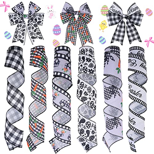 6 Rolls 30 Yards Easter Wired Ribbon 2.5 Inch Bunny Egg Rabbit Carrot Ribbon Pastel Spring Craft Ribbon Fabric Decorative Wrapping Ribbon Roll For Gift Hair Bow Sewing Crafts Supplies (Black White) #TOP1