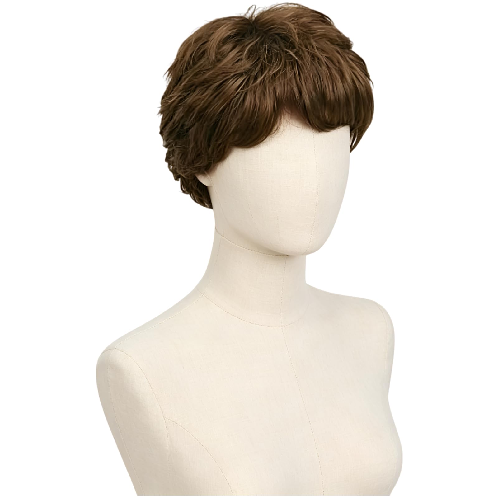 Braune Damenperücke, kurz und gestuft gelockt, natürliche flauschige Kunsthaar Optik, hitzebeständige synthetische Fasern, Pixie Cut, atmungsaktives Innennetz, für Alltag, europäischer Modestil