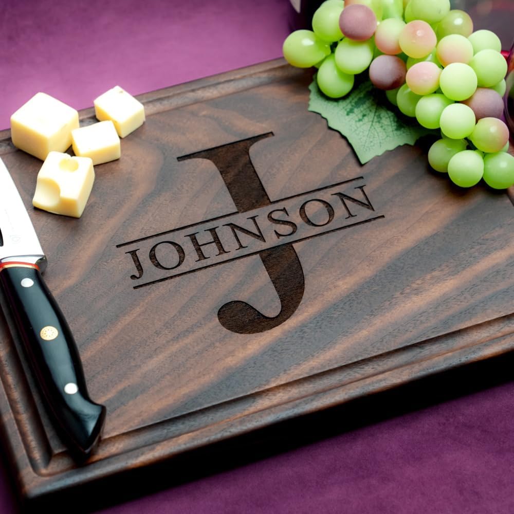 Straga Personalized Cutting Boards | Handmade Wood Engraved Charcuterie | Custom Wedding, Anniversary or Family Reunion Gift for Chef or Kitchen (Initial Design No.201)