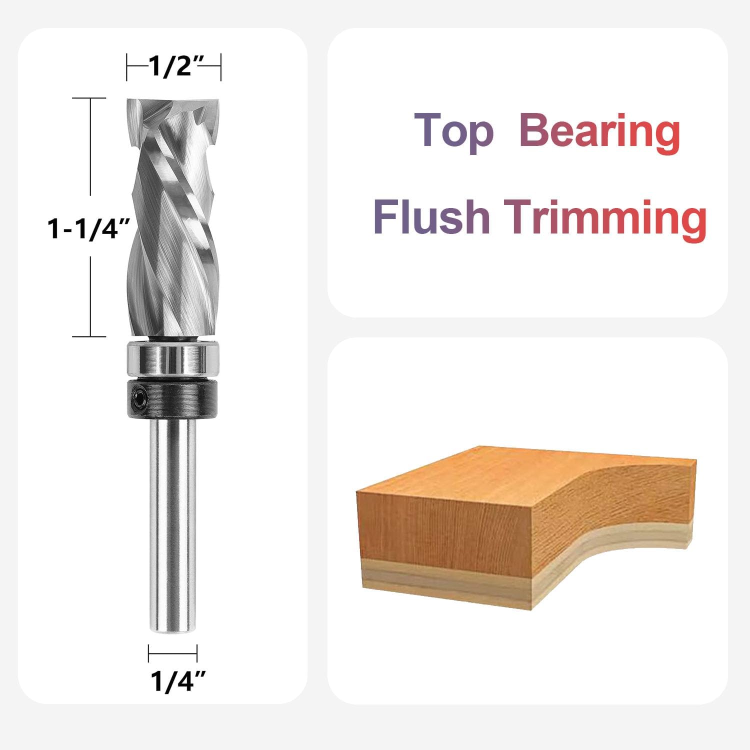 SpeTool 1/2" Extra Long Compression Flush Trim Router Bit, 1/4" Shank Carbide Spiral Cutter with Top Bearing - Image 2