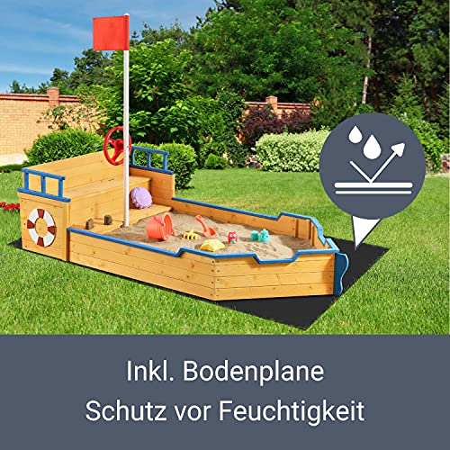 Juskys Sandkasten Käpt'n Pit - Piratenschiff Boot aus Holz - große Kinder Sandkiste für Garten mit Bodenplane, Dach & Sitzbank - Outdoor Sandbox – Bild 8