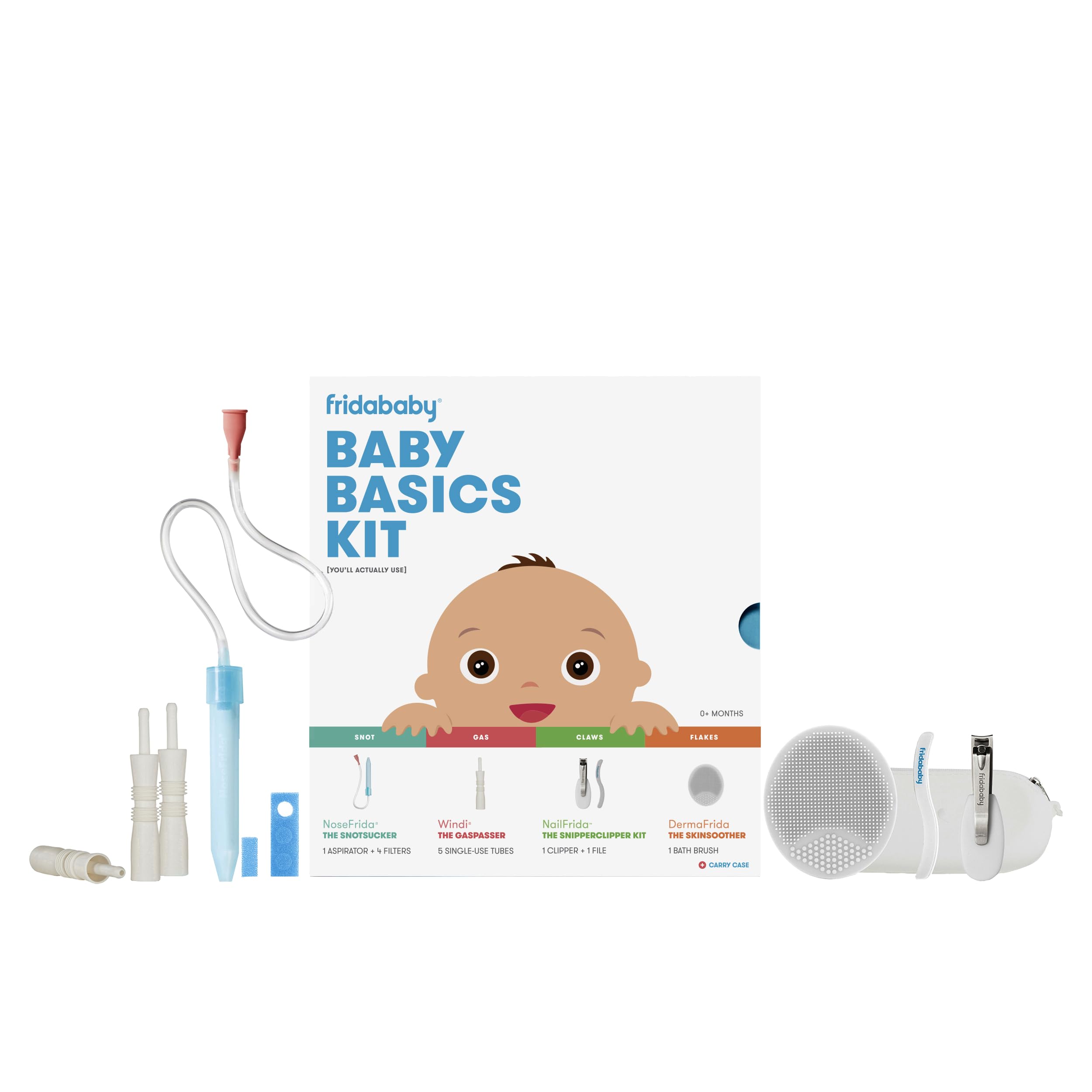 Frida Baby - Primo kit di cura per neonati: Include SnotSucker, Filtri igienici monouso, Windi, Snipper Clipper, Spazzola in silicone e lima curva