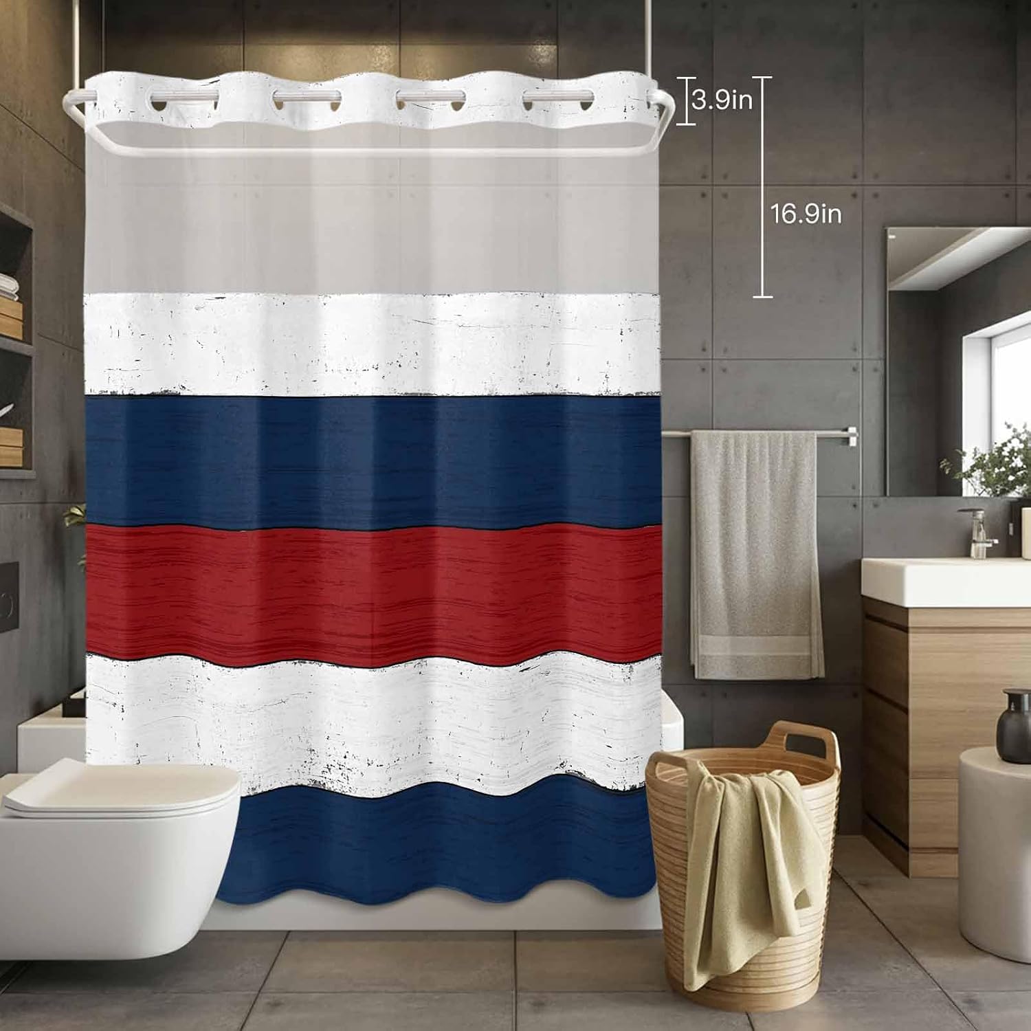 Vintage Wood Grain No Hook Shower Curtain with Snap in Liner Red Blue White Striped Waterproof Bathroom Shower Curtain with See Through Top Window for Bathtub 72" x 96"