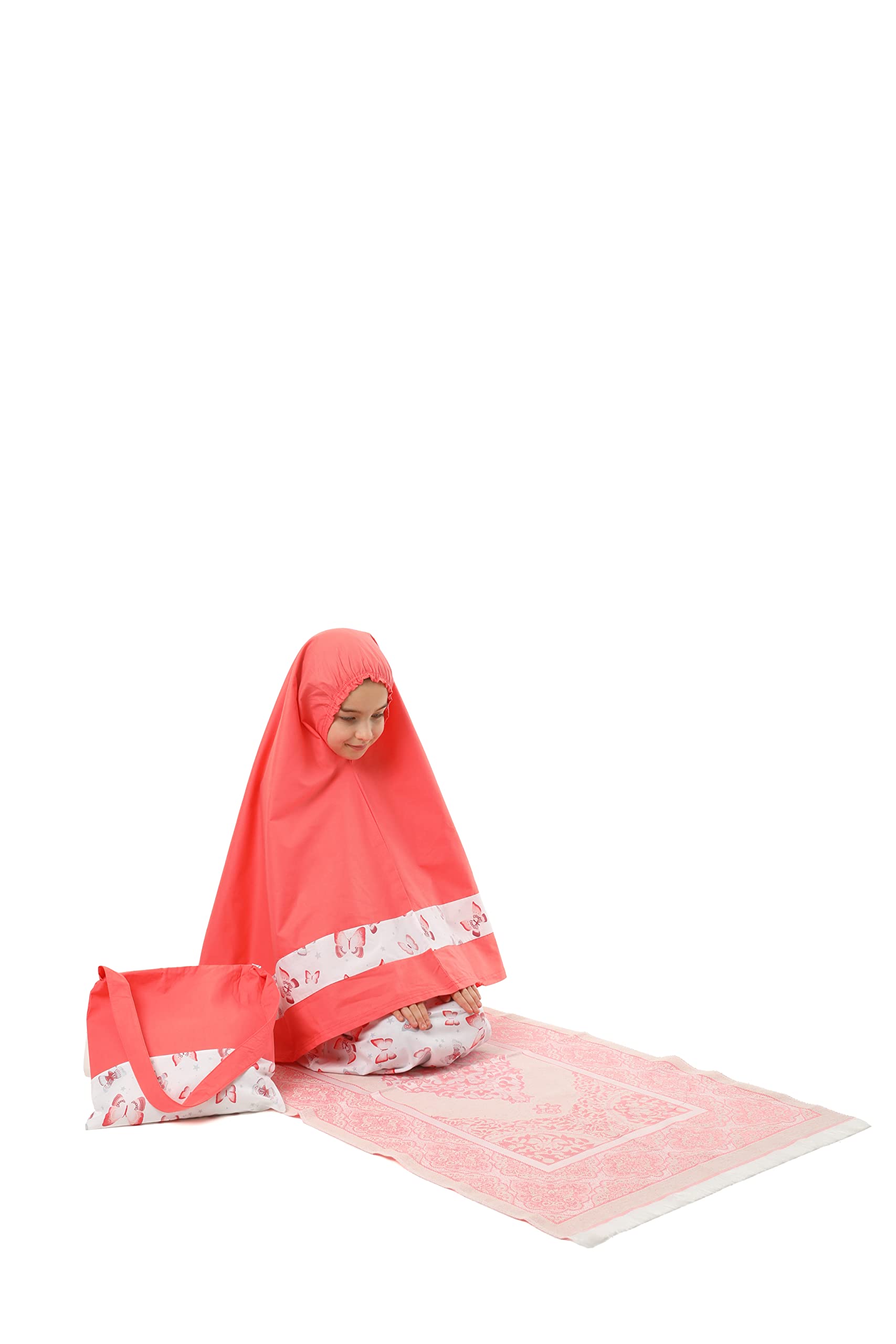 Girls modlitewne ubrania dla dzieci Islamska odzież 4-częściowy zestaw modlitewny spódnica sukienka z szalikiem na głowę, matą modlitewną, torbą i różańcem z nadrukiem motyla