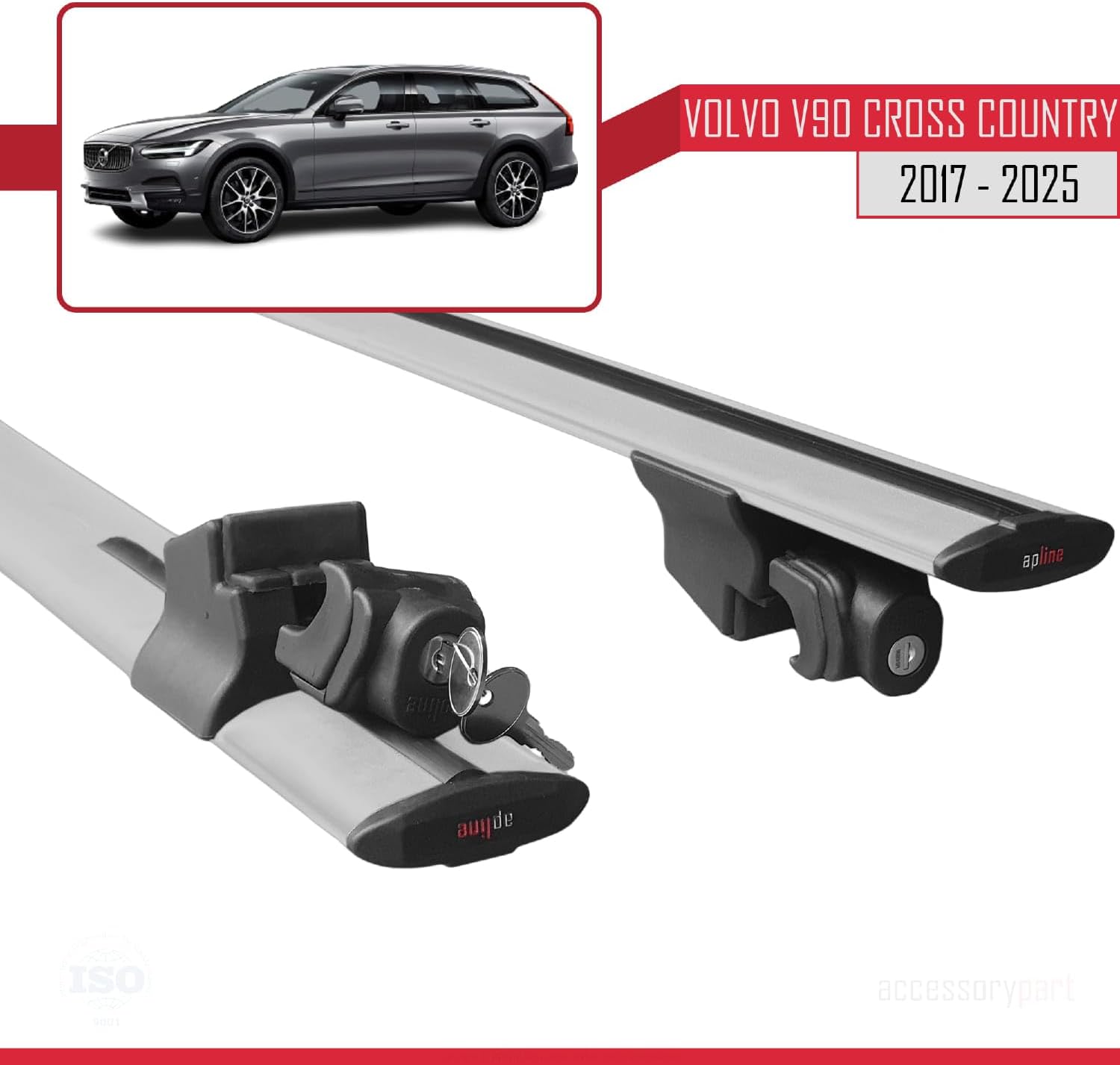 accessorypart Compatible with Volvo V90 II Cross Country 2017-2025 Hook Model Car Roof Rack Cross Bar Grey Aluminium 2 Bars