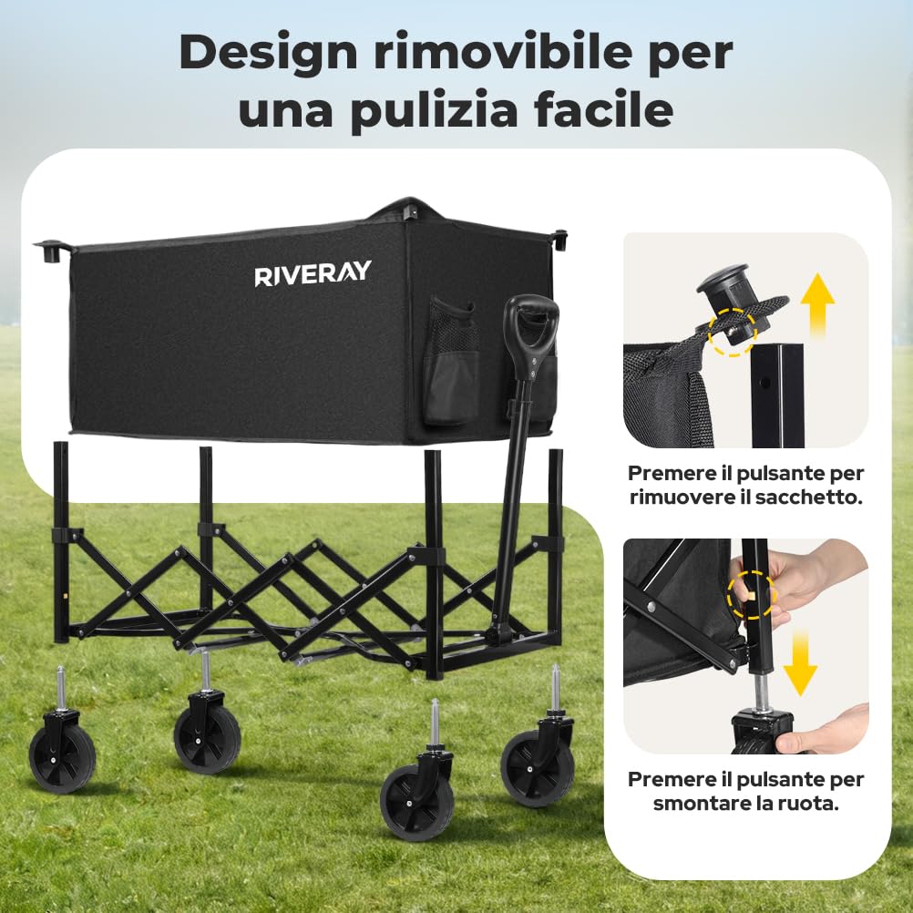 Carrello da Campeggio Pieghevole 120L – Portatile per Trekking ed Escursionismo con Maniglia Regolabile, Portata 100kg per Trasporto Attrezzatura Outdoor