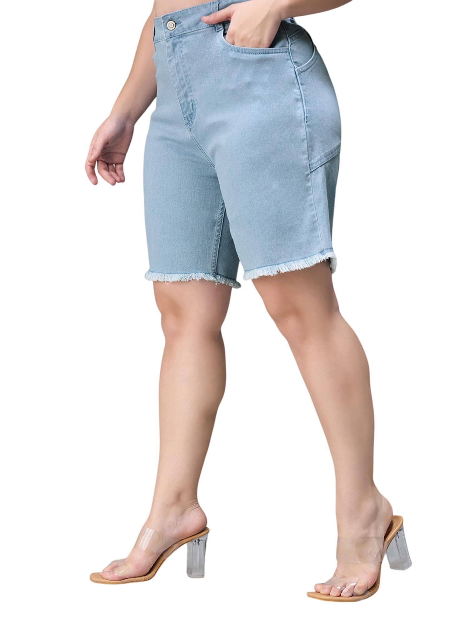 miss chase a+ Women's High Rise Clean Regular Stretchable Denim Shorts-picture-2