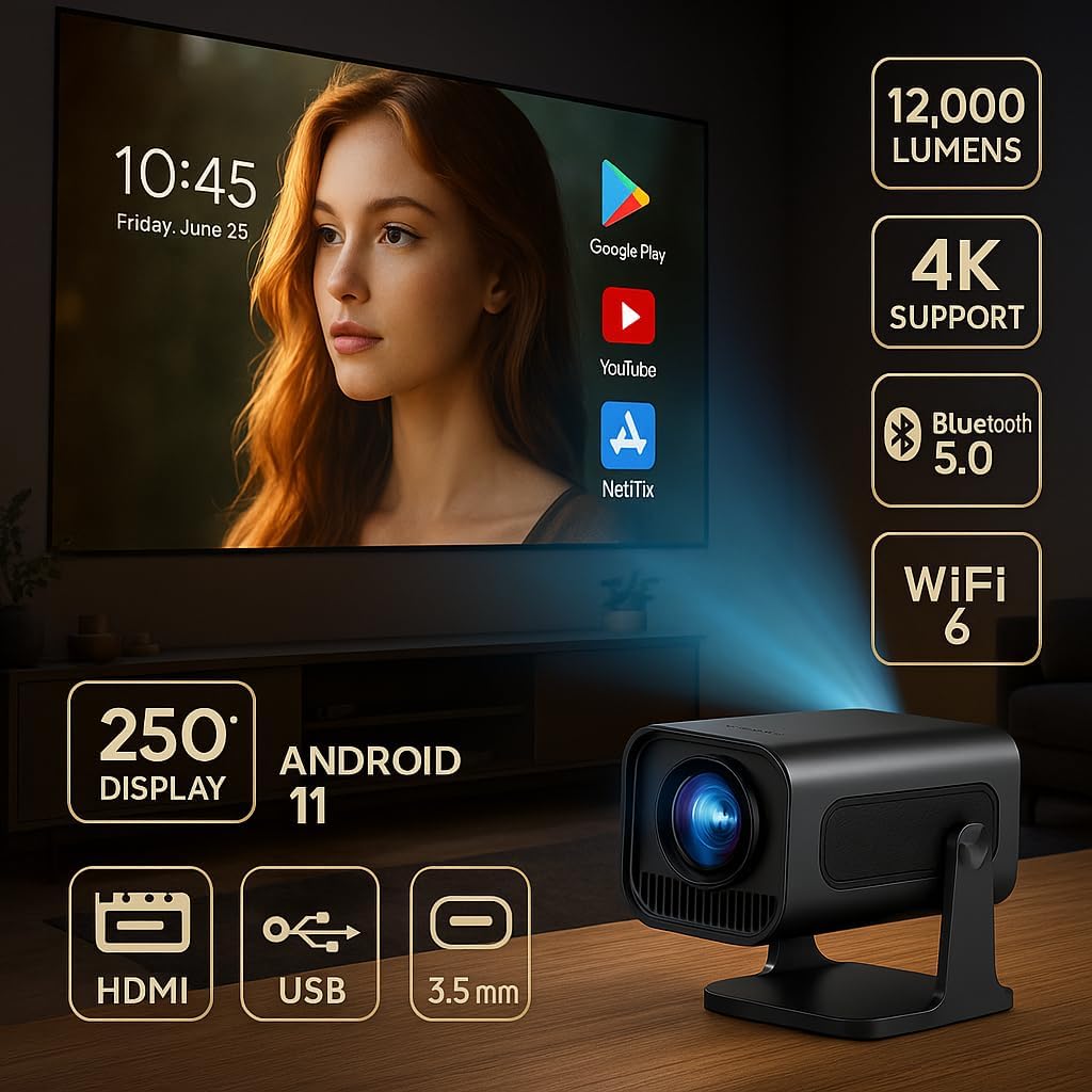 Projetor Portatil Mini 5g Wifi 6 Bluetooth 5.0 Android 11 Projetor 4K 1080 Full HD Suporte 12000 Lumens Para Celular LED Auto Correção Horizontal 180° Linha Premium