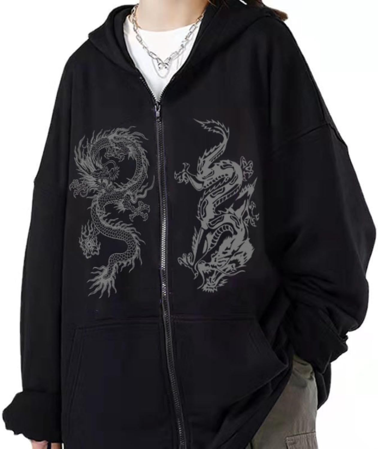 Aobiono Women Men Y2K Zip Up Oversized Hoodie Gothic Dragon Graphic Emo Grunge Alt Baggy Fleece Jacket 90s Punk Streetwear - Image 2