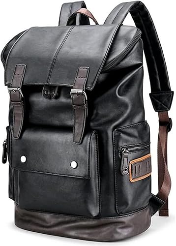 CHAO RAN Mochila vintage de cuero para computadora portátil para hombres, mochila de cuero negro para hombres.., Negro -, Colegio Viajes Backapck