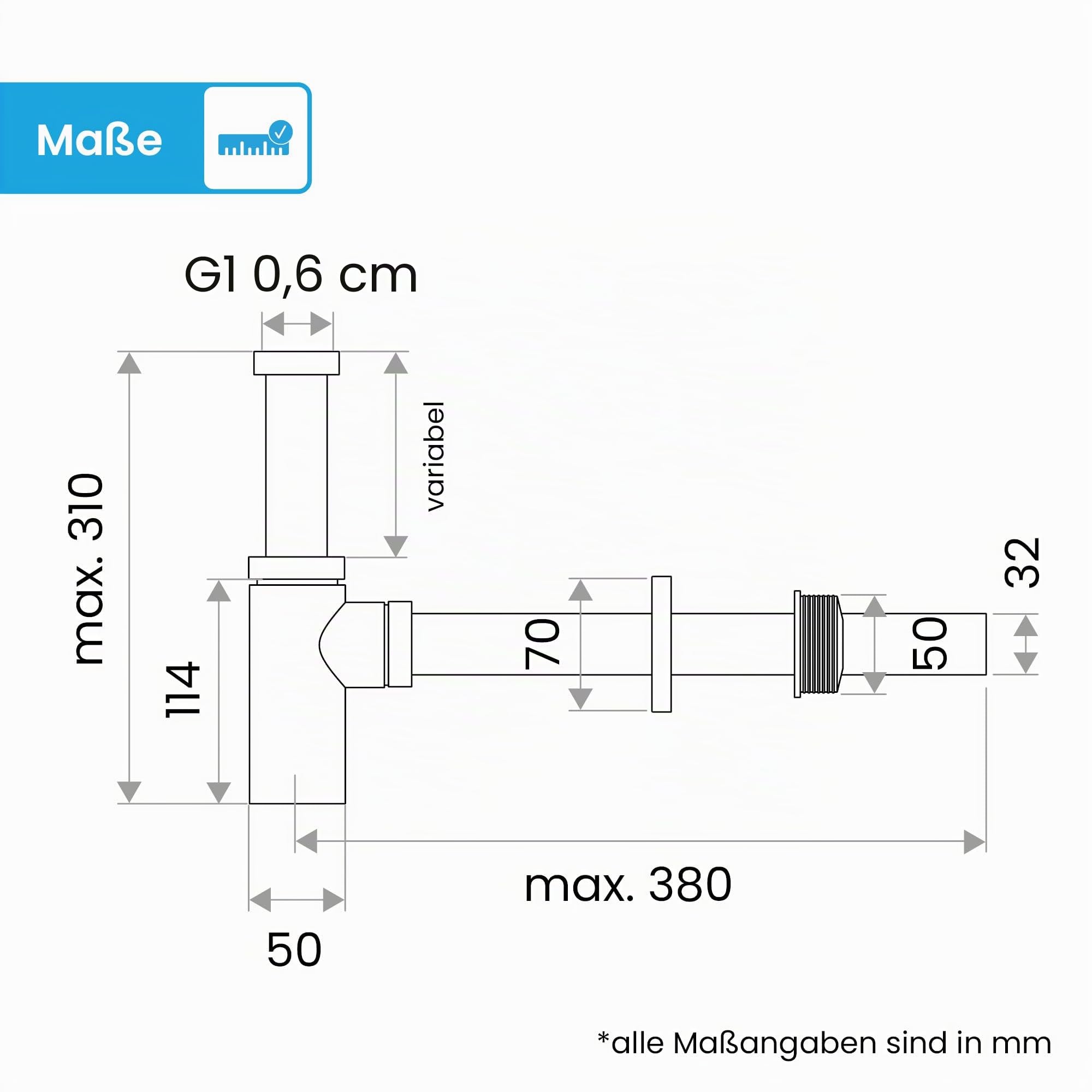Bächlein Design Siphon Universal für Waschbecken & Waschtisch - Abflussgarnitur passgenau - Geruchsverschluss mit Reinigungsöffnung + Einbauanleitung - Designsiphon Ablaufgarnitur Röhrensiphon