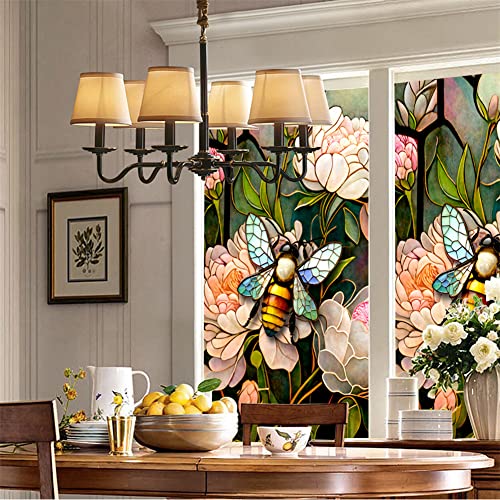 Elvaesther Privacy Window Film, Floral Bee Static Window Stickers, Non-Adhesive Removable Sun Blocking Stained Glass Static Cling Stained Glass Sun Blocker Heat Control for Home 45X100cm