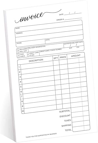Stylish Script - Bloc de formulario de factura sin carbono de 2 partes, 50 hojas, 3.4 x 5.5 pulgadas, libro de recibos de venta de pedidos de compra