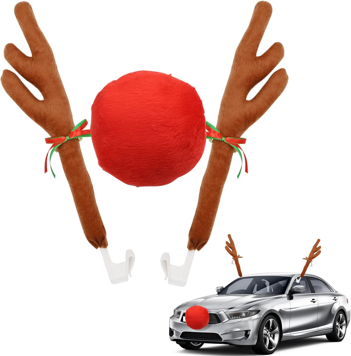 Aohcae Christmas Car Reindeer Antlers & Nose, Rudolph Auto Decorations, Reindeer Antler Car Accessories