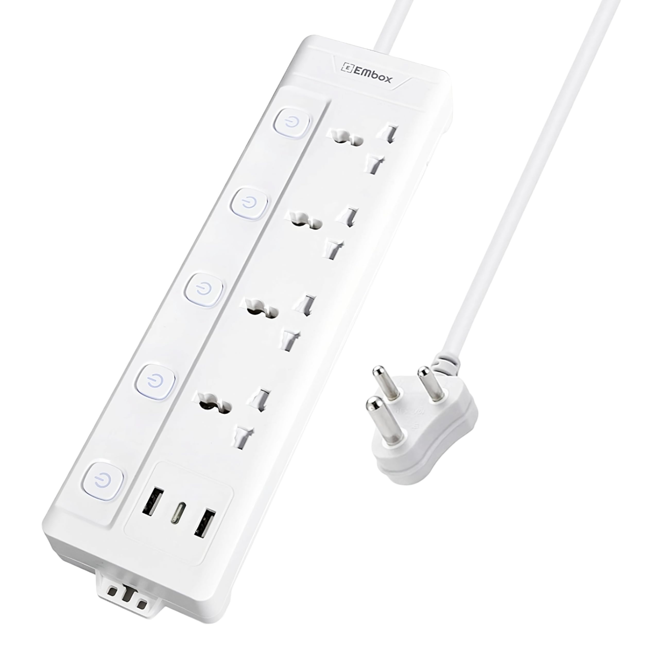 EMBOX 10A Extension Board with USB Port- 4 Universal Sockets and 3 USB (2.4 A) Charging Ports with Indicator, 2500W Heavy Duty Cable, 250 Volts (4S + 3 USB (1 Type C))