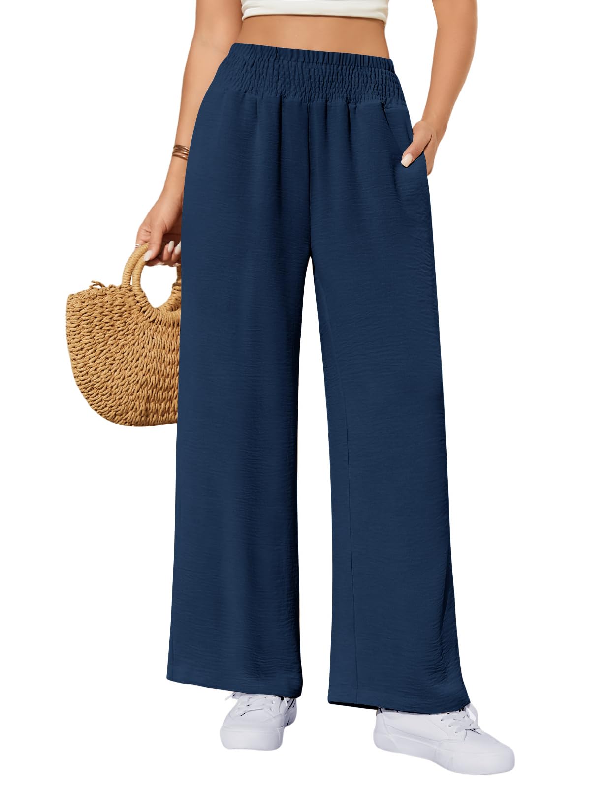 CMTOP Pantalones Mujer Verano Casuales Ligero Pantalones Anchos Fluido Pantalon Elástico Cintura Suelta Pantalone Comodo Playa Pantalón con Bolsillos