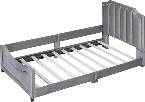 Miniatura 4 de Sofá cama tapizado tamaño individual, bonito sofá cama de cuero de terciopelo con cabecera clásica en forma de rayas, base de cama de madera para