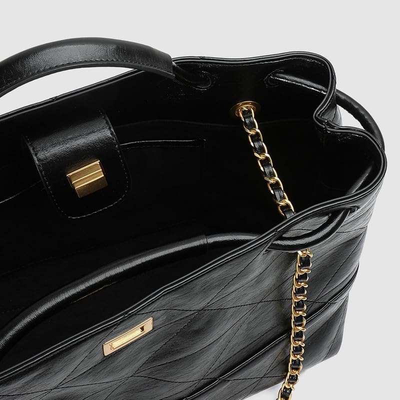URBAN REVIVO Women Quilted Shoulder Bag Chain Strap Black PU Leather Lady Style for Work and Evening