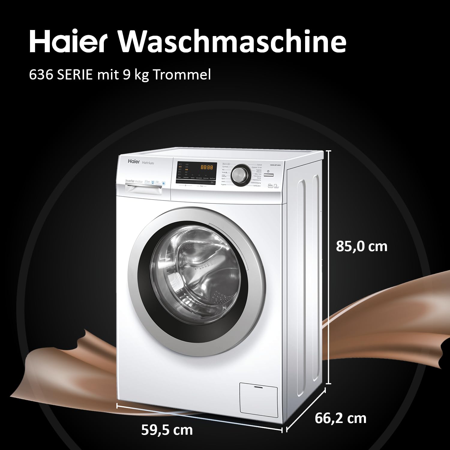 Haier Frontlader Waschmaschine 9kg Serie 636 HW90-BP14636N | Mit A-Effizienz, 1.400 U/Min. & sparsamem Inverter-Motor, Inkl. Vollwasserschutz, Dampffunktion & Mengenautomatik