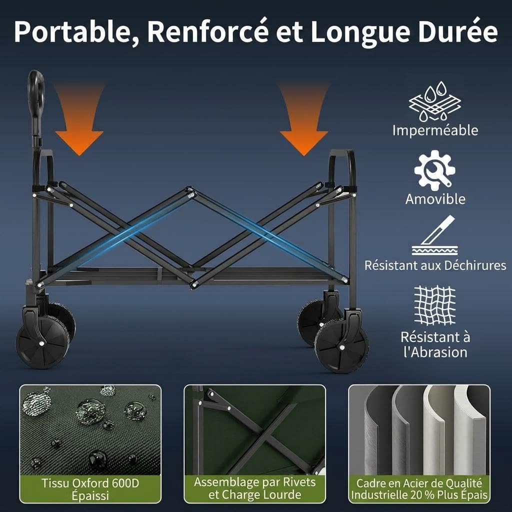 Chariot Pliable Camping 220L, Chariot De Plage Tout Terrain, Chariot De Jardin avec Roues 360° Freins, Charge 172kg, Tissu Oxford 600D, Poignée Réglable, pour Camping Plage Jardin Courses