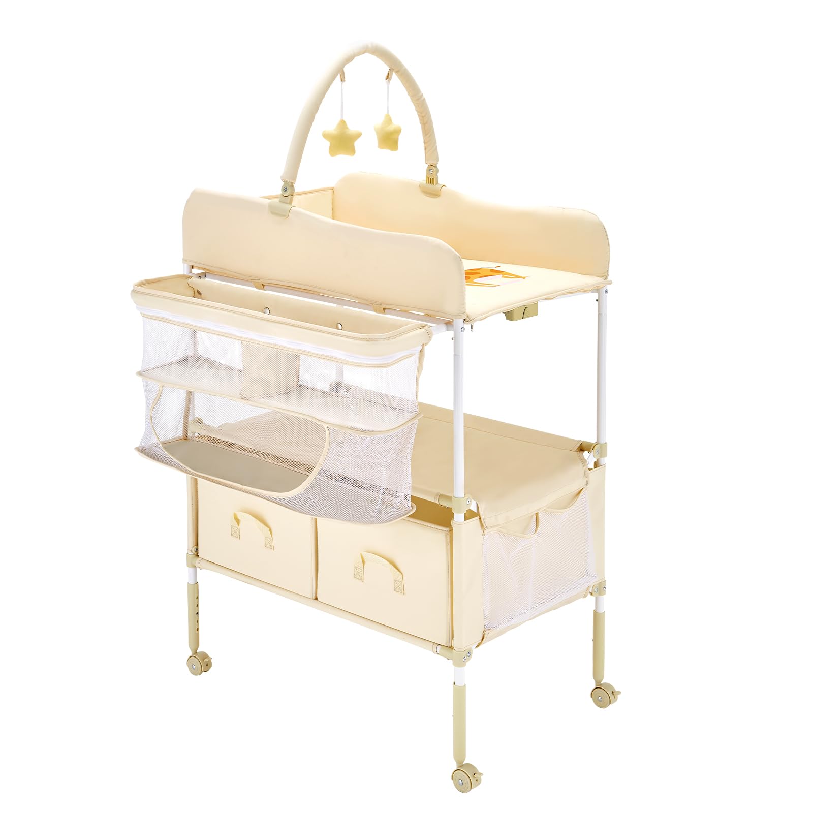 VEVOR Table à Langer Pliable, Plan à Langer 2 Tiroirs en Tissu, Panier Latéral et Tringle de Suspension, Meuble pour Bébé Réglable en Hauteur, avec Roulettes Verrouillables et 2 Jouets Étoiles, Beige