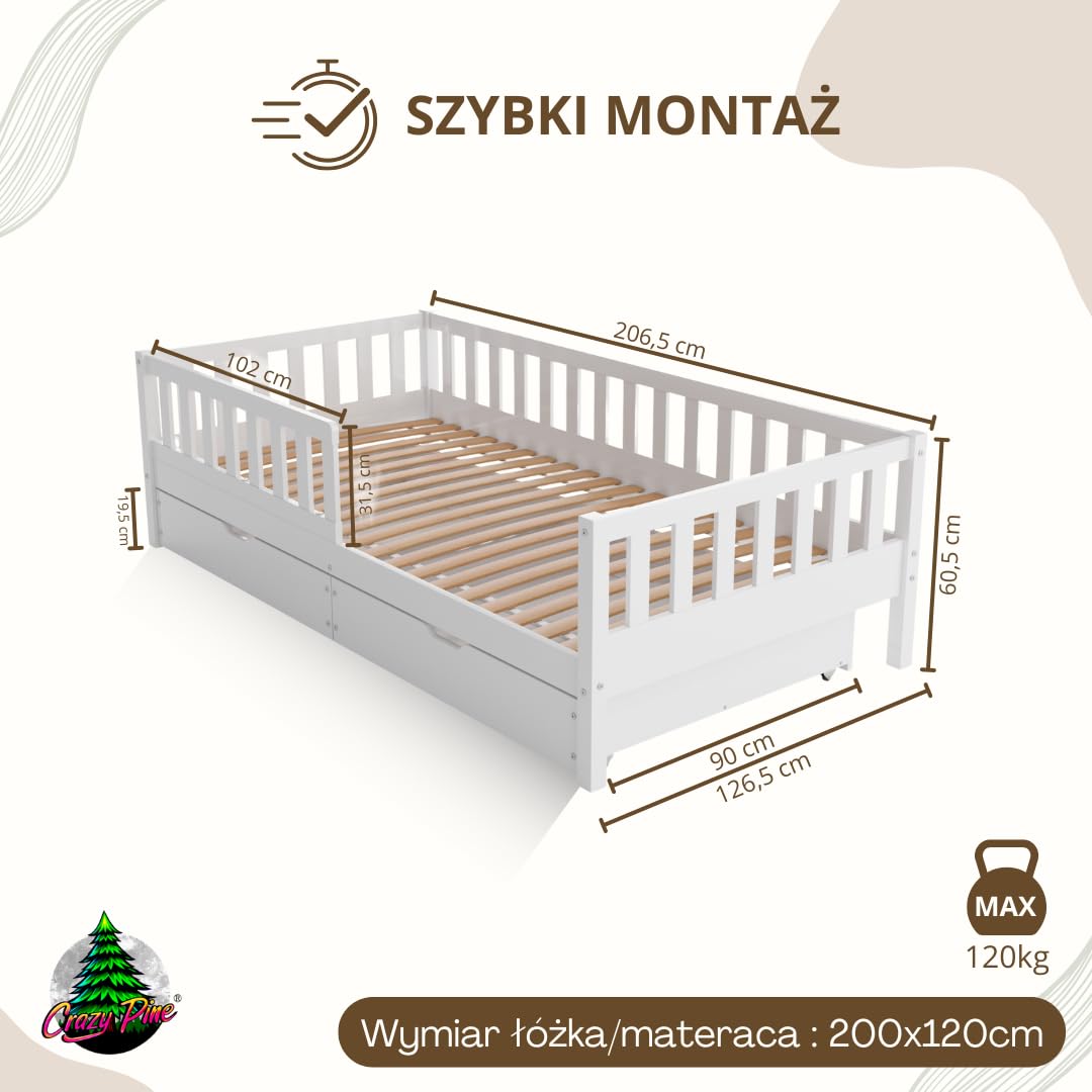 Łóżko dziecięce z szufladami Crazy Basic 200 x 120 cm - Montessori białe łóżko z zabezpieczeniem przed wypadnięciem - Bezpieczne dla najmłodszych - Łatwy montaż