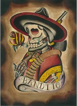 Bandito by Joshua Gargalione Mexican Western Tattoo Skeleton Rolled Canvas Art