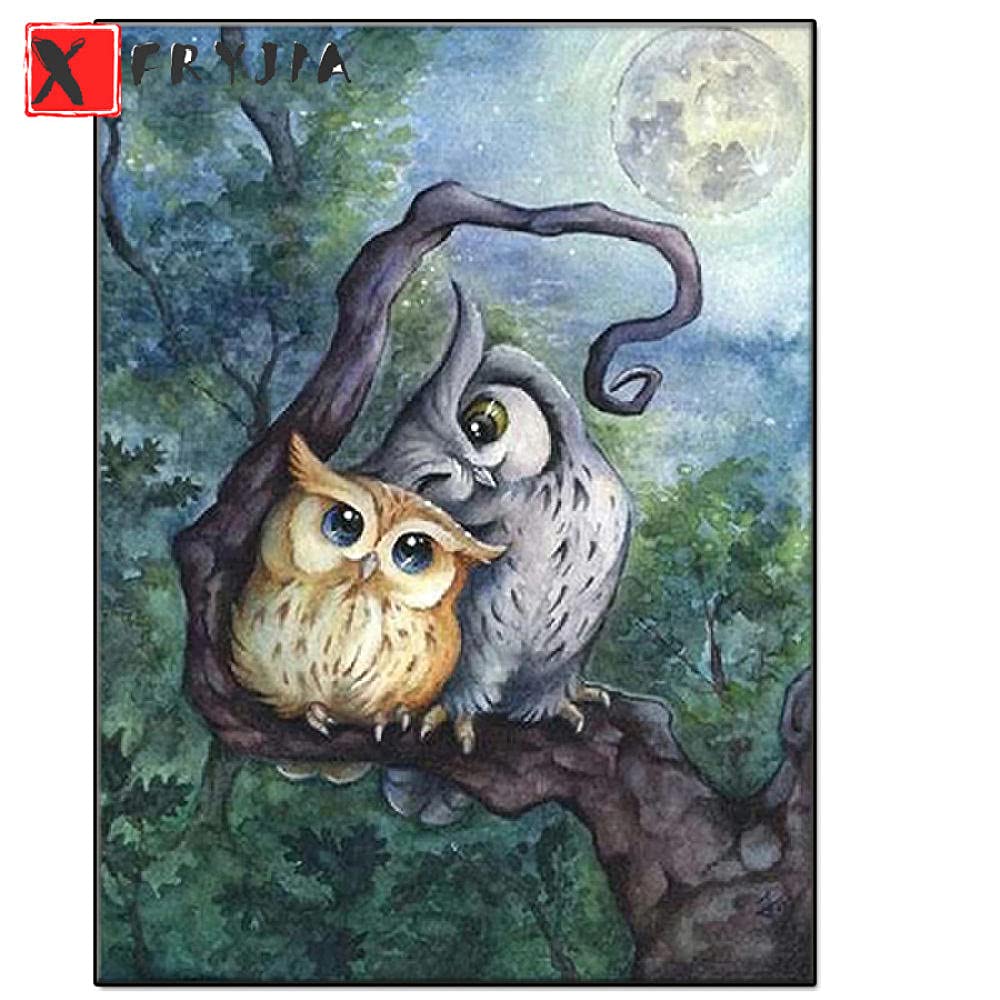Peinture diamant chouette et lune 5D broderie ronde 55x70cm
