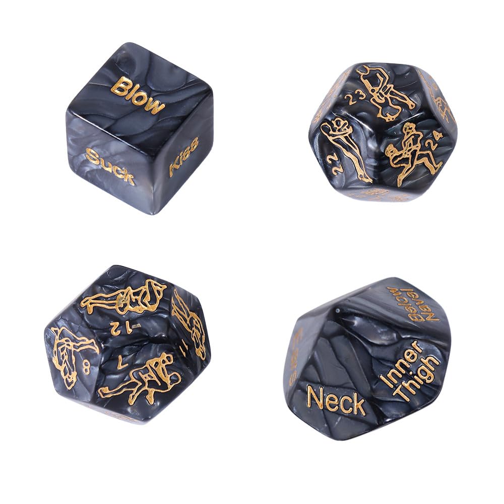 4 in 1 Glow-in-The-Dark Dice Set, Marbled Engraved Dice, Multiple Positions Available-B140 (Black), Small