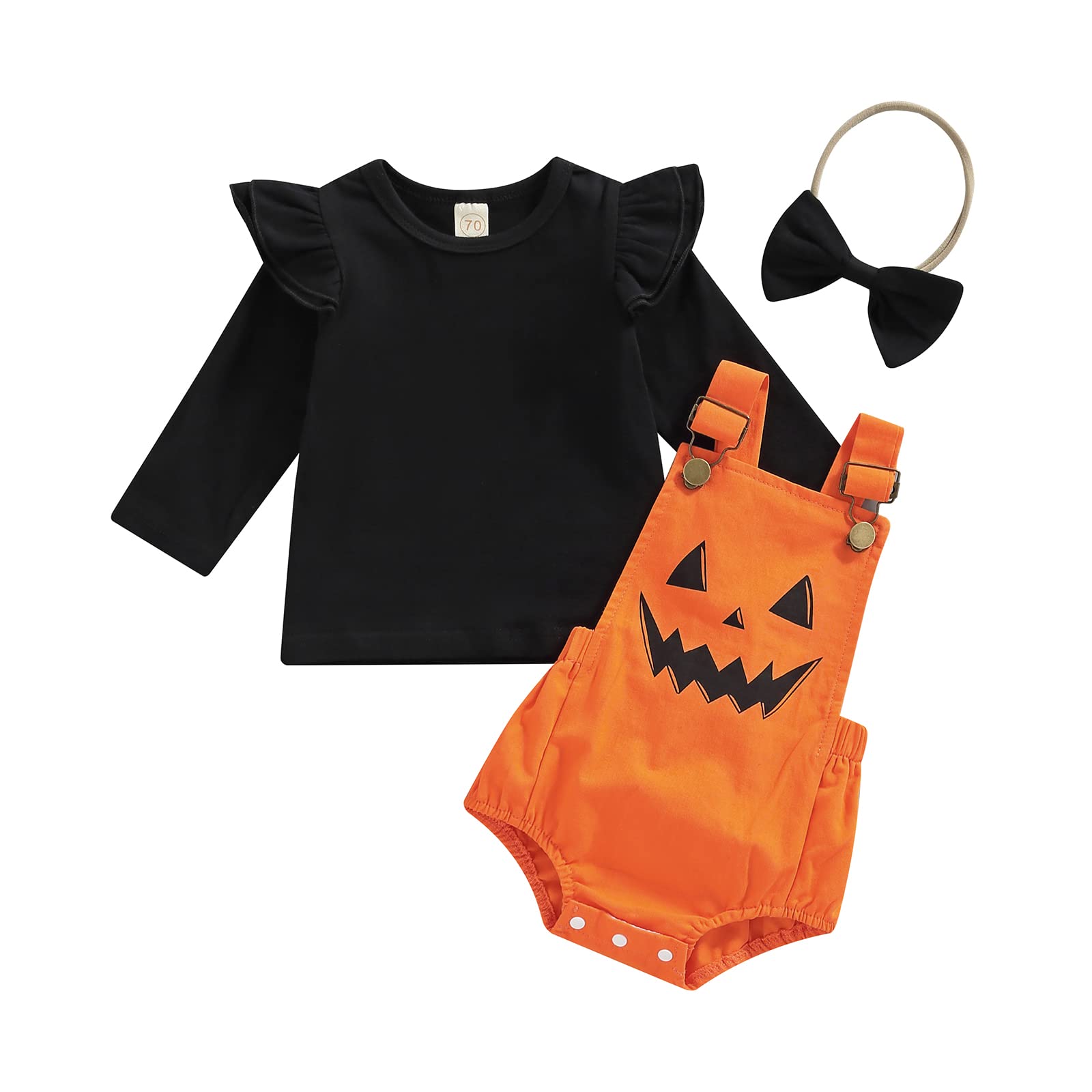 LouVasabuce Newborn Halloween Baby Girls Outfit Fly Long Sleeve Ribbed Tops+ Pumpkin Ghost Printing Suspender Romper+ Headwear (Orange, 0-3 Months)